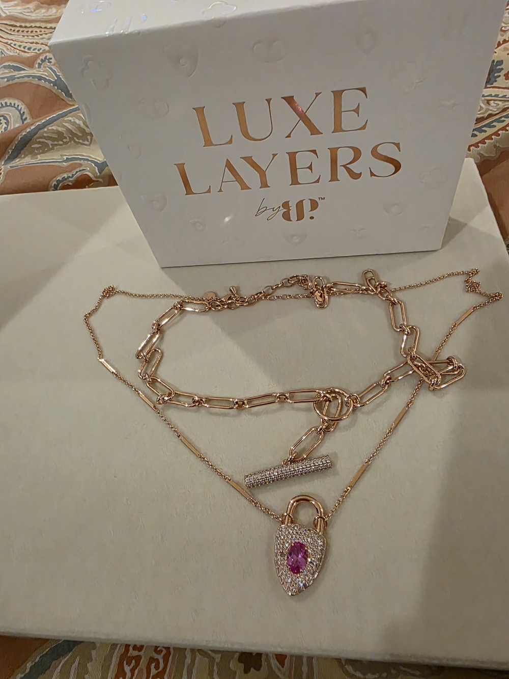 Bp Luxe Rose Gold Layered Padlock Necklace with Pink Stone